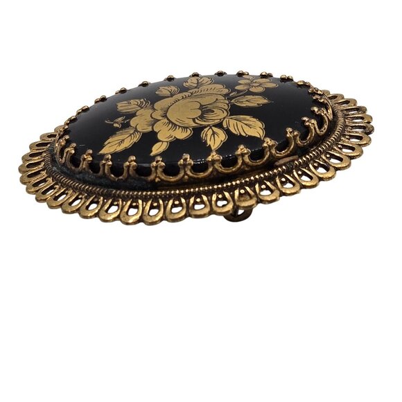 VTG Brooch Gold Tone Black Enamel Floral Cameo Antique Renaissance Granny Pin - Picture 8 of 10